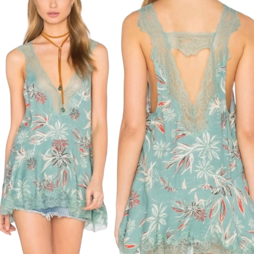 Free People “Bellflower” Teal and Red Camisole with Lace - Women’s Size XS